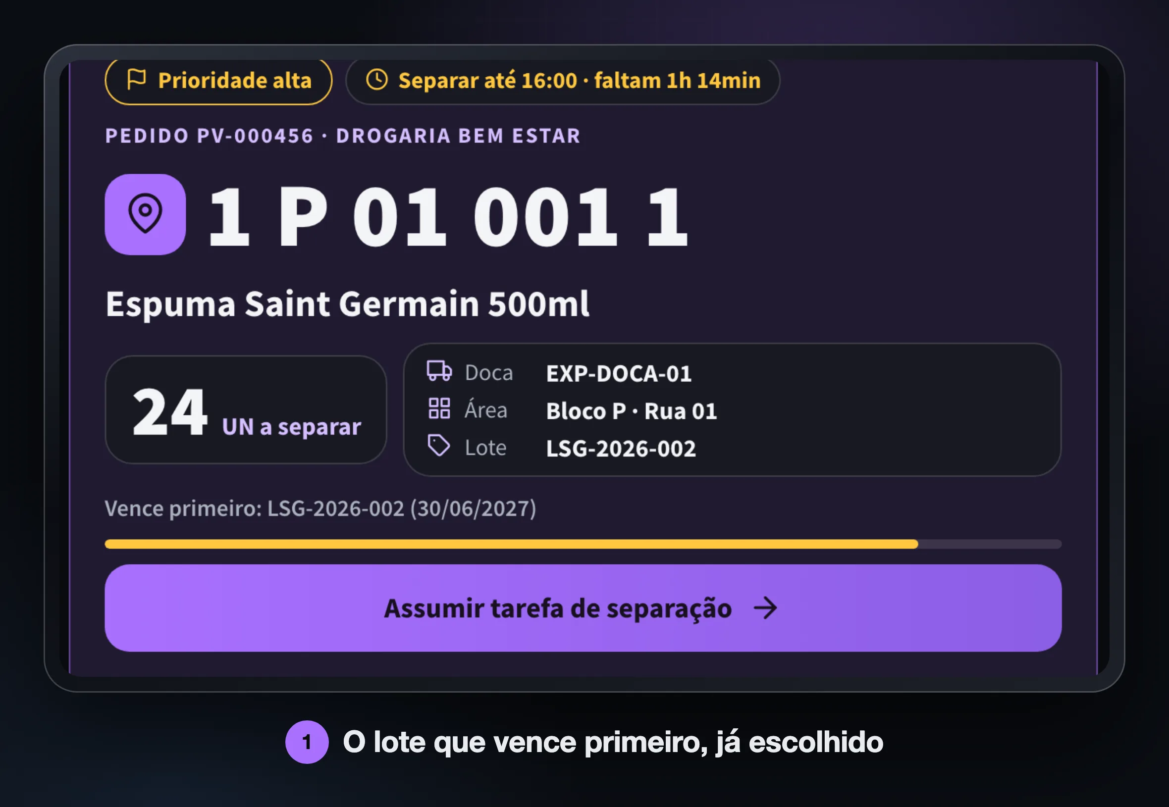 Tela de separação do Solumobi Estoque: a tarefa com o endereço, o lote LSG-2026-002 escolhido porque vence primeiro e o botão para assumir a separação.
